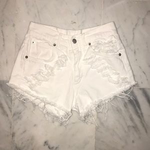 White high rise ripped jean shorts